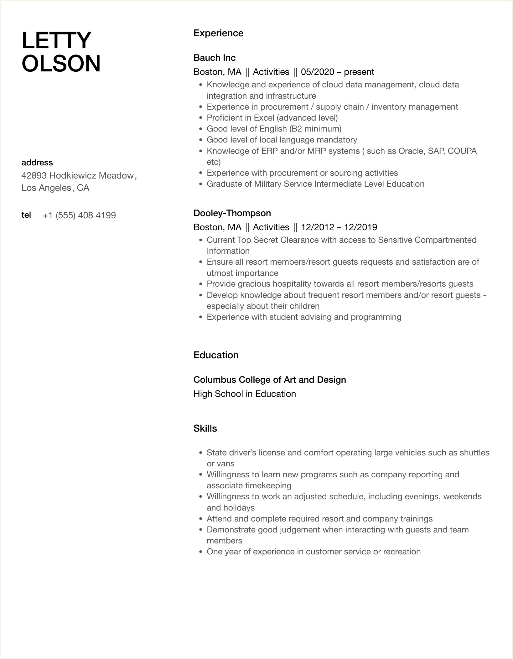 High School Resume For Military Service