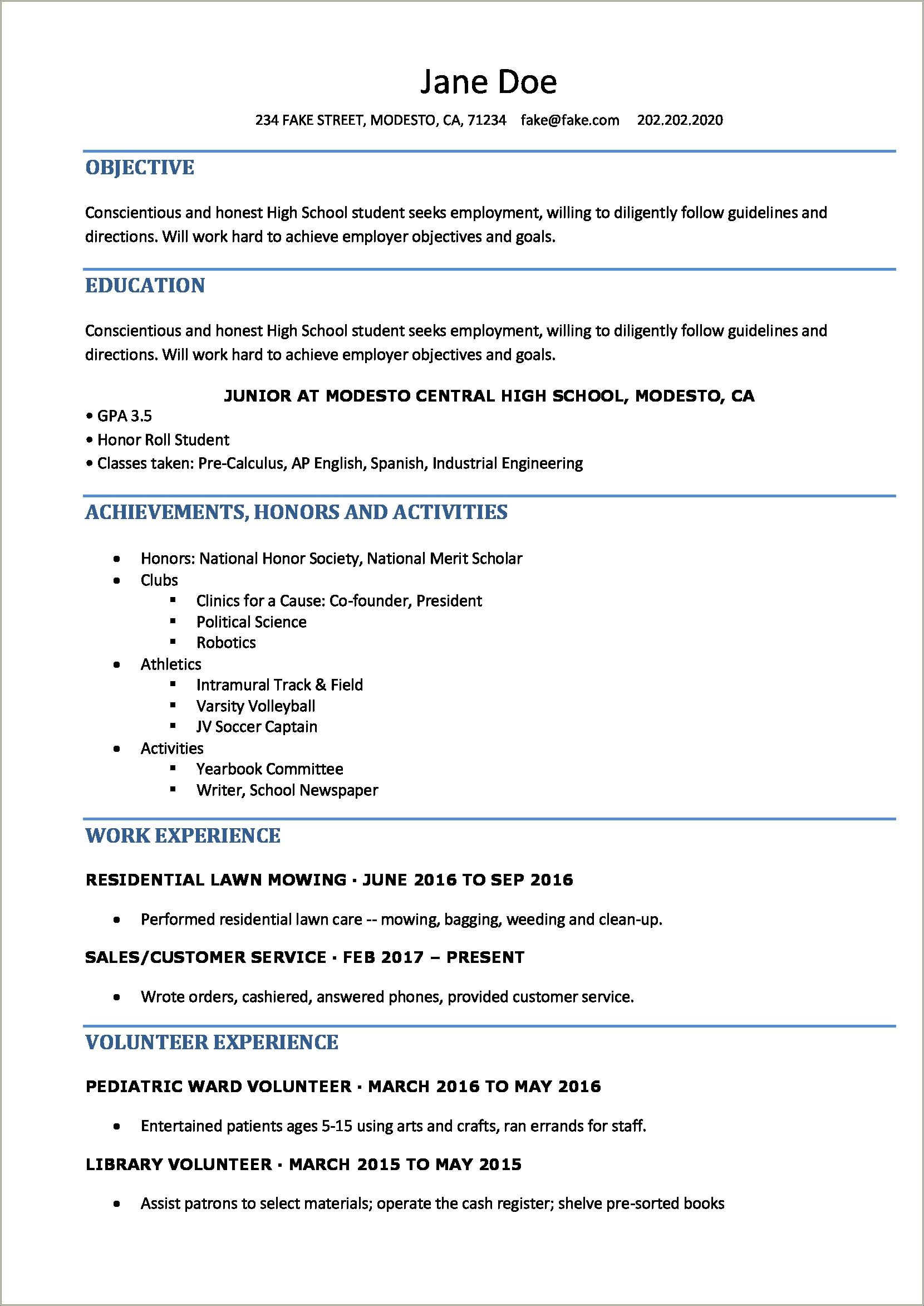 High School Resume For Summer Employemnt Template