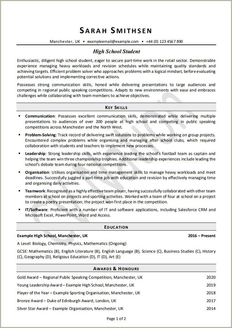 High School Resume Leaadership Profile Examples