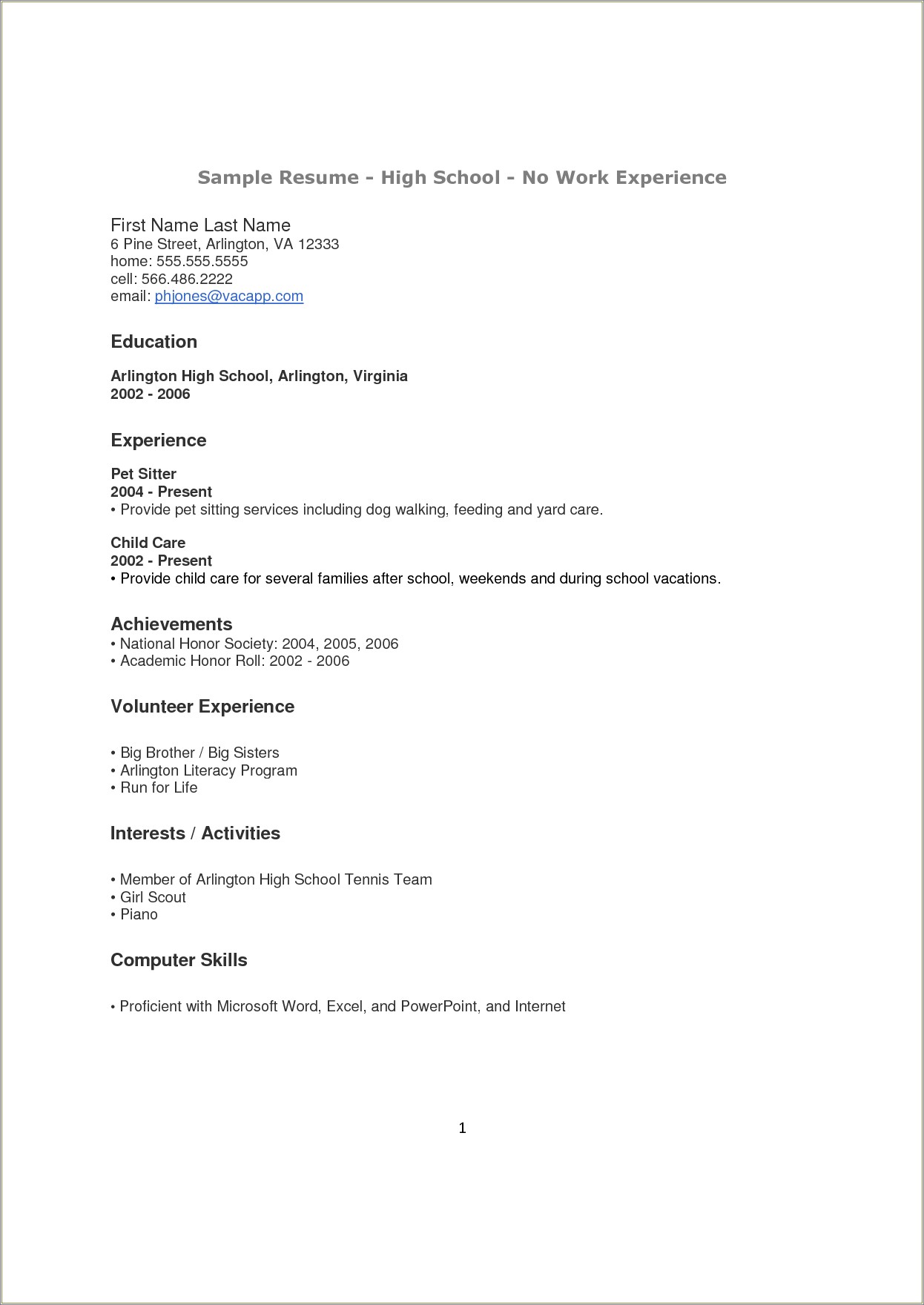 High School Resume With No Work History