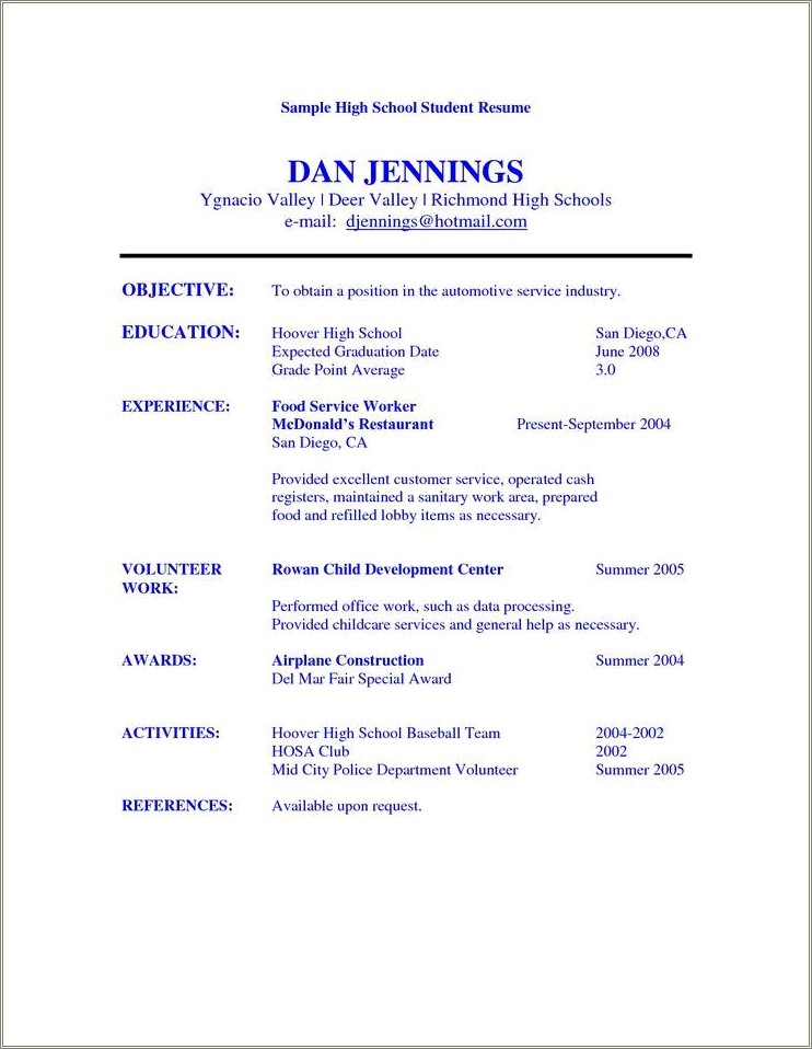 High School Student Fast Food Job Resume Objective