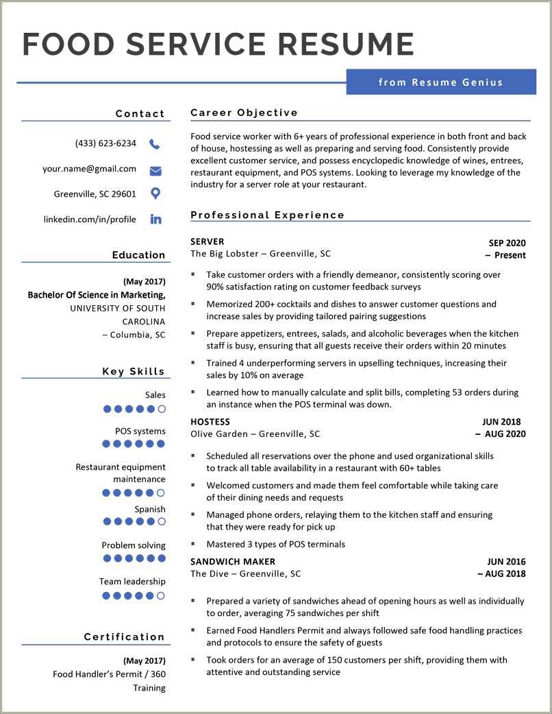 High School Student Fast Food Resume