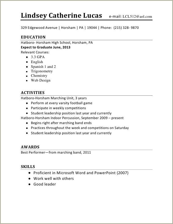 High School Student First Time Job Resume