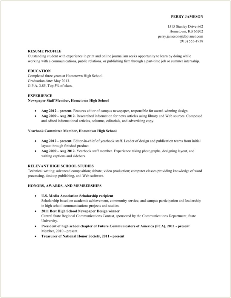 High School Student Profile For Resume