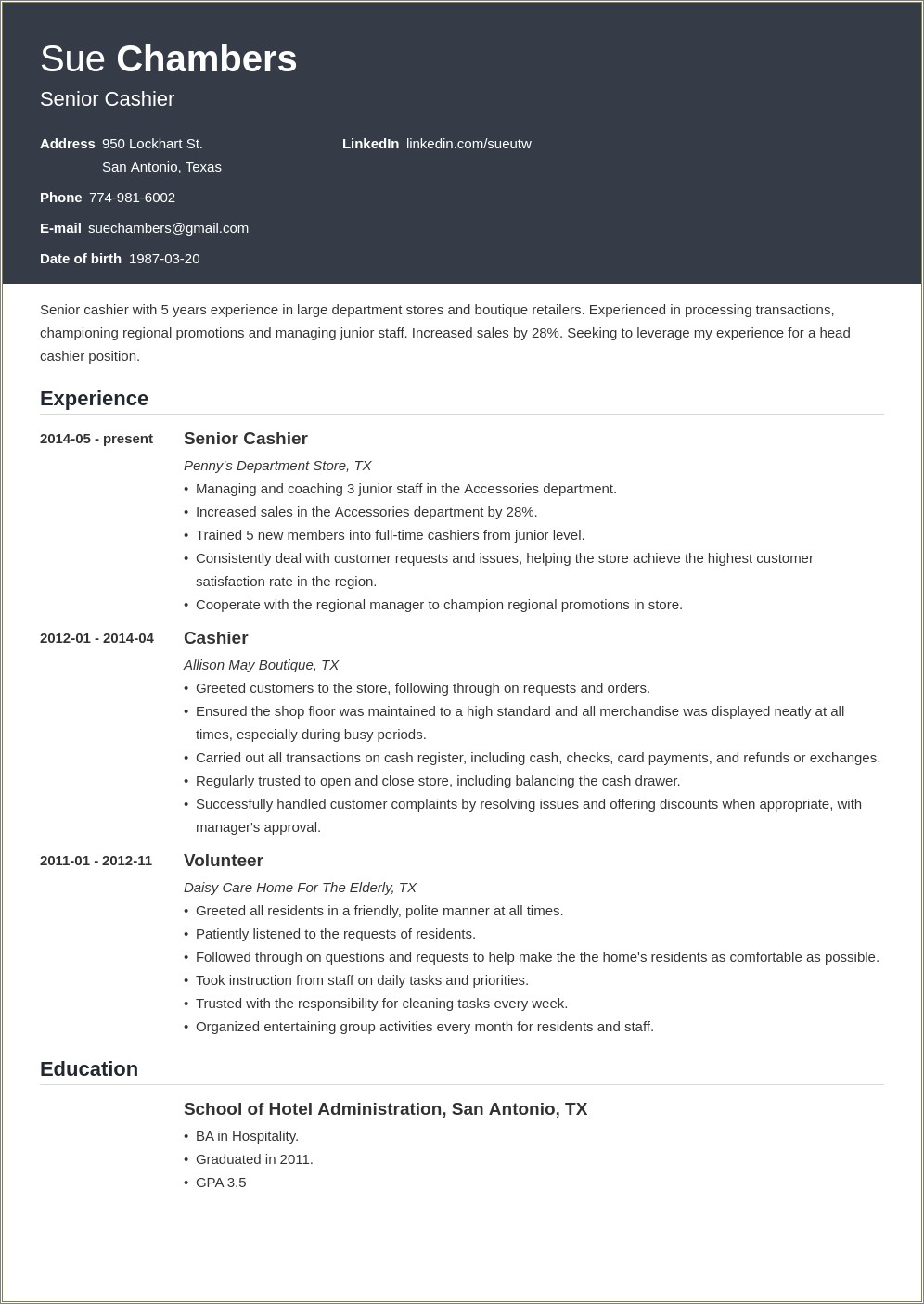High School Student Resume Example Cashier Experienace