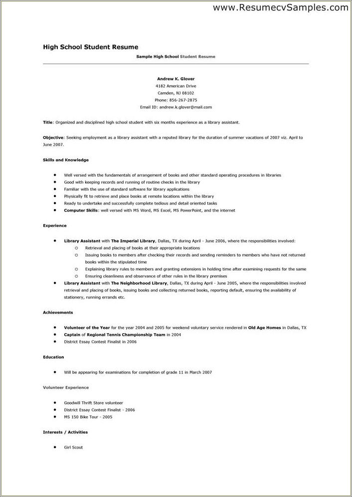 High School Student Resume Samples With Objectives