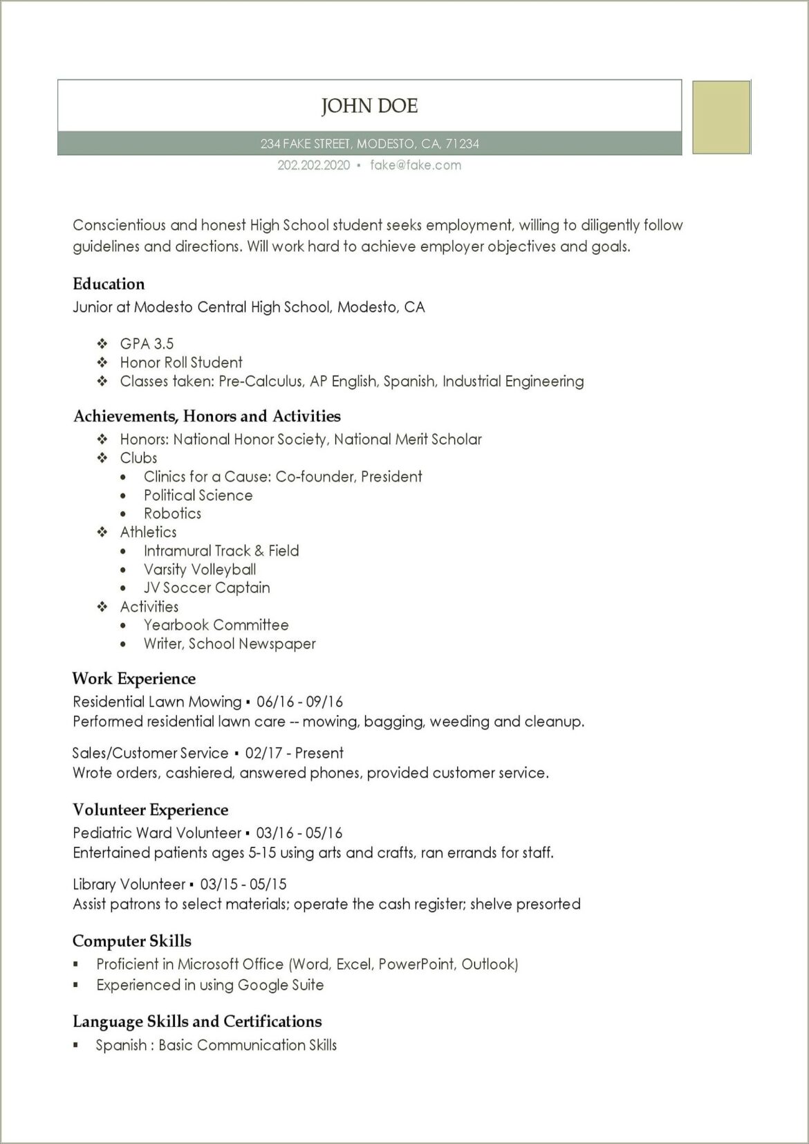 High School Student Resume Template Australia