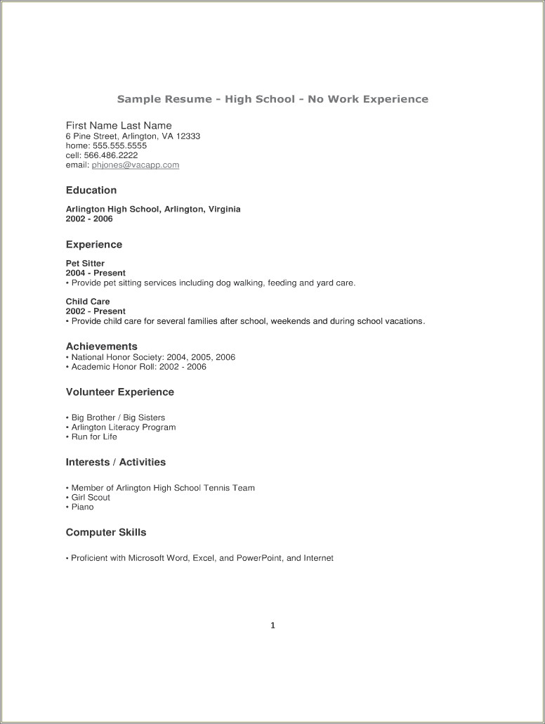 High School Student Resume Template No Experience Pdf