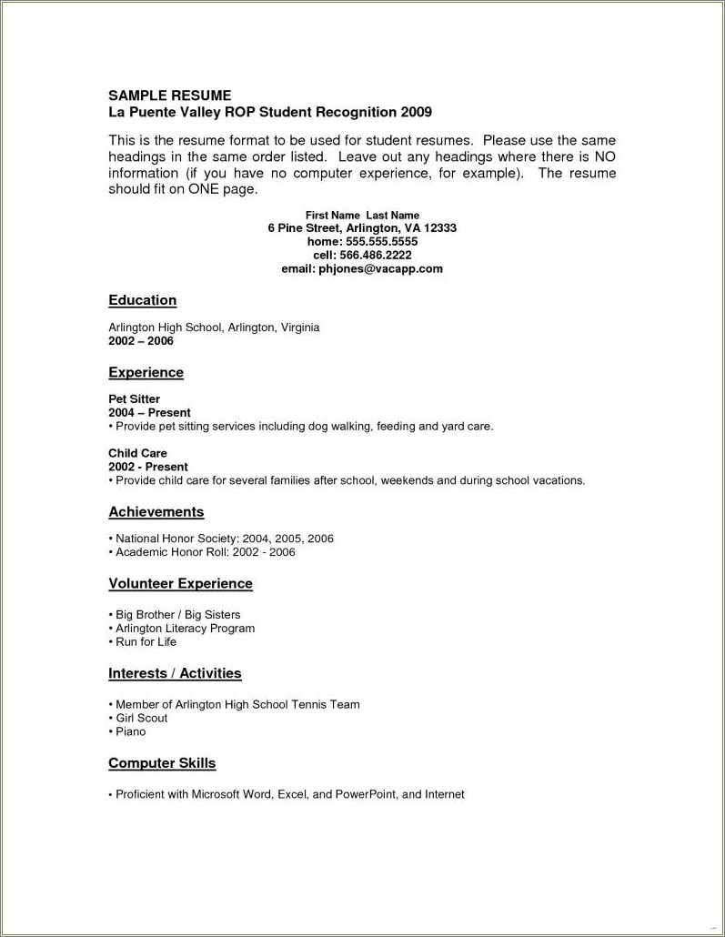 High School Student Resume With Little Work Experience