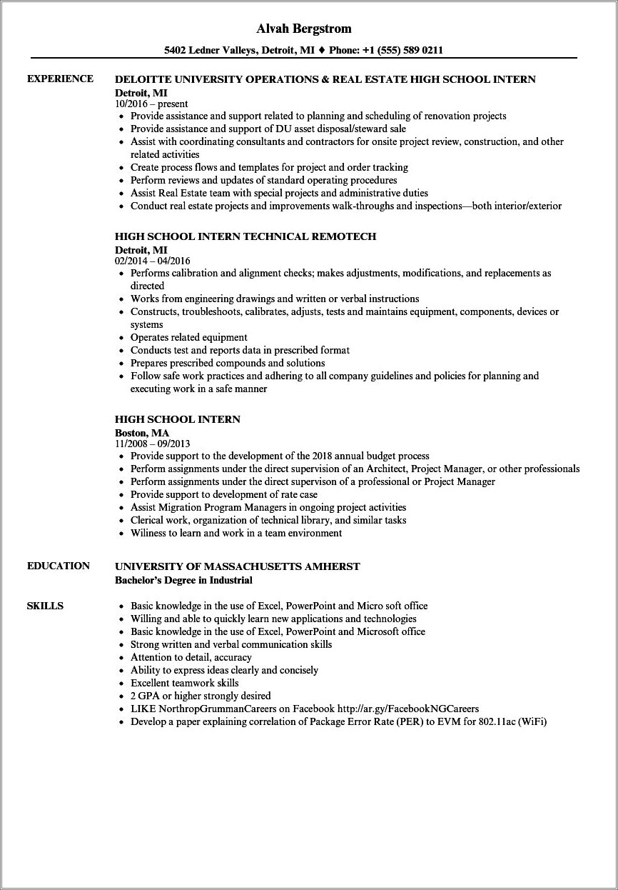 High School Student Sample Resume Objective