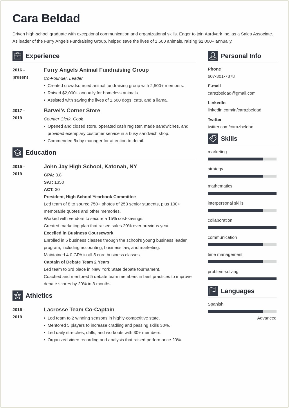 High School Student Summary Resume Statement