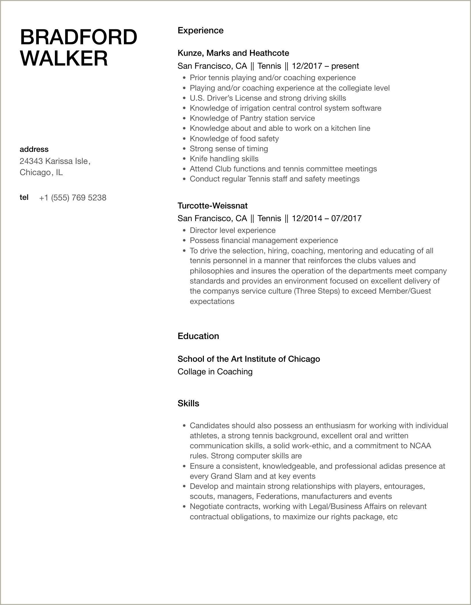 High School Student Tennis Sample Resume