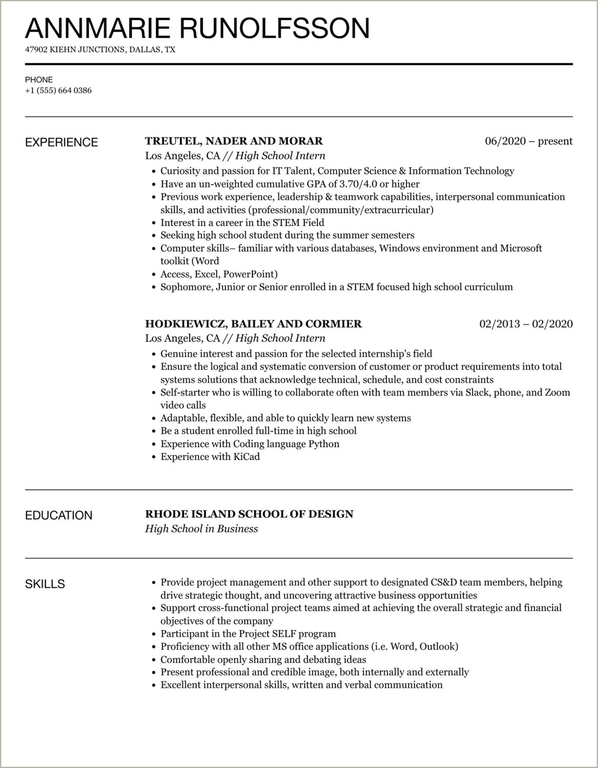 High School Summer Intern Resume Printable