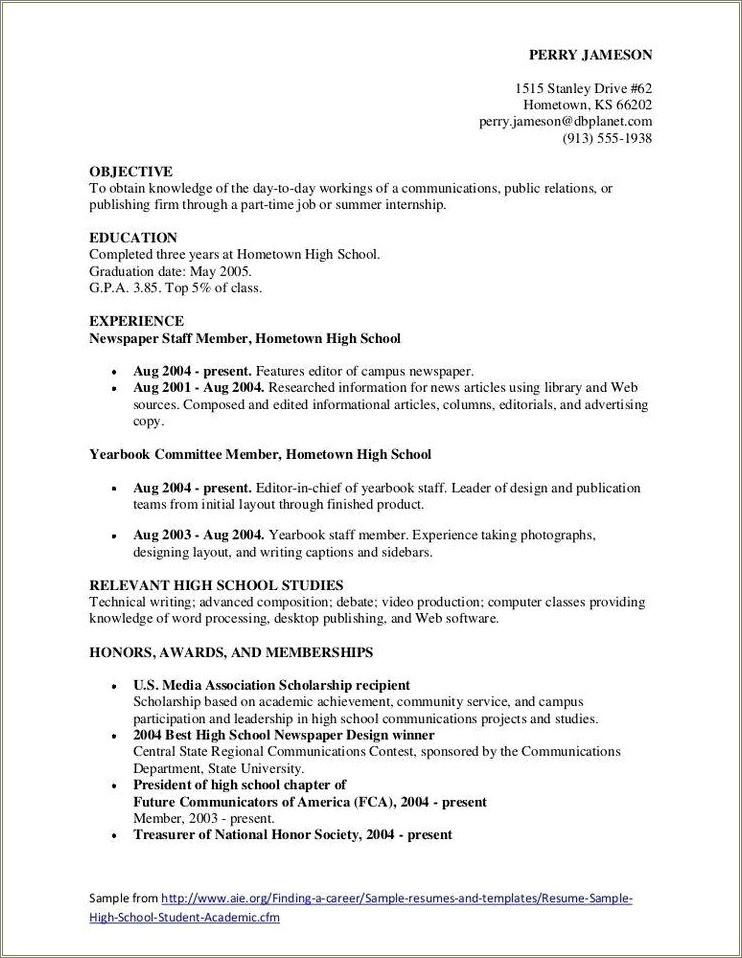 High School Summer Intern Resume Printable Example