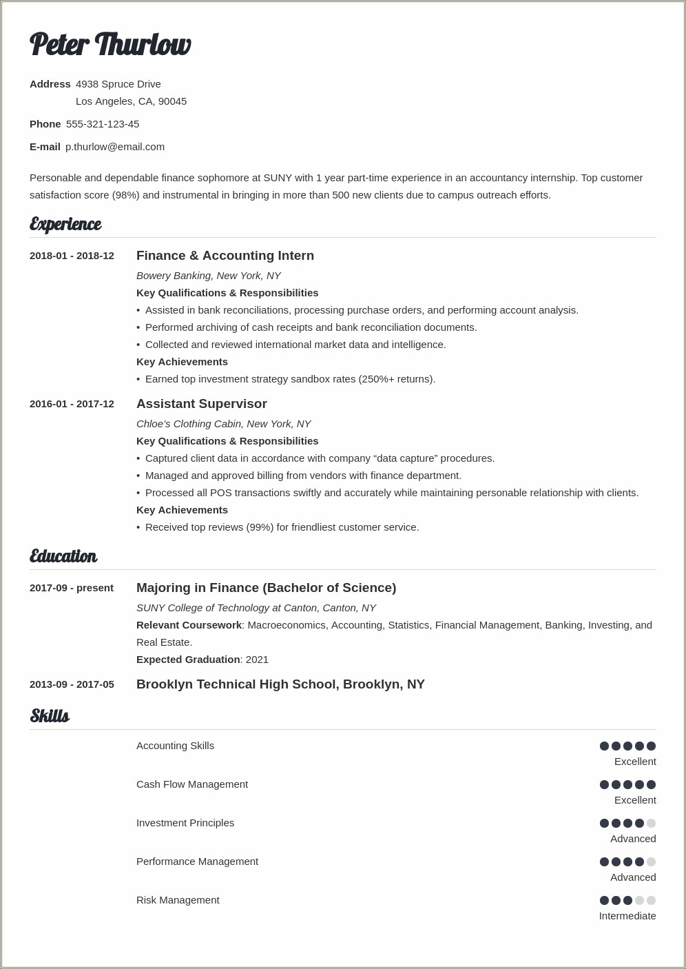 High School Summer Intern Sample Resume