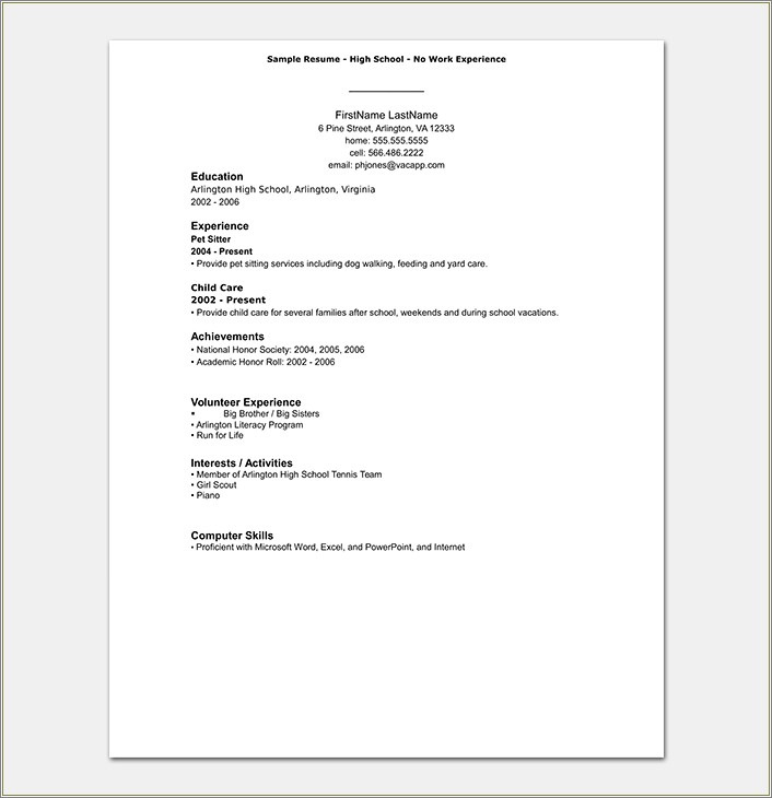 High School Summer Job Resume Template