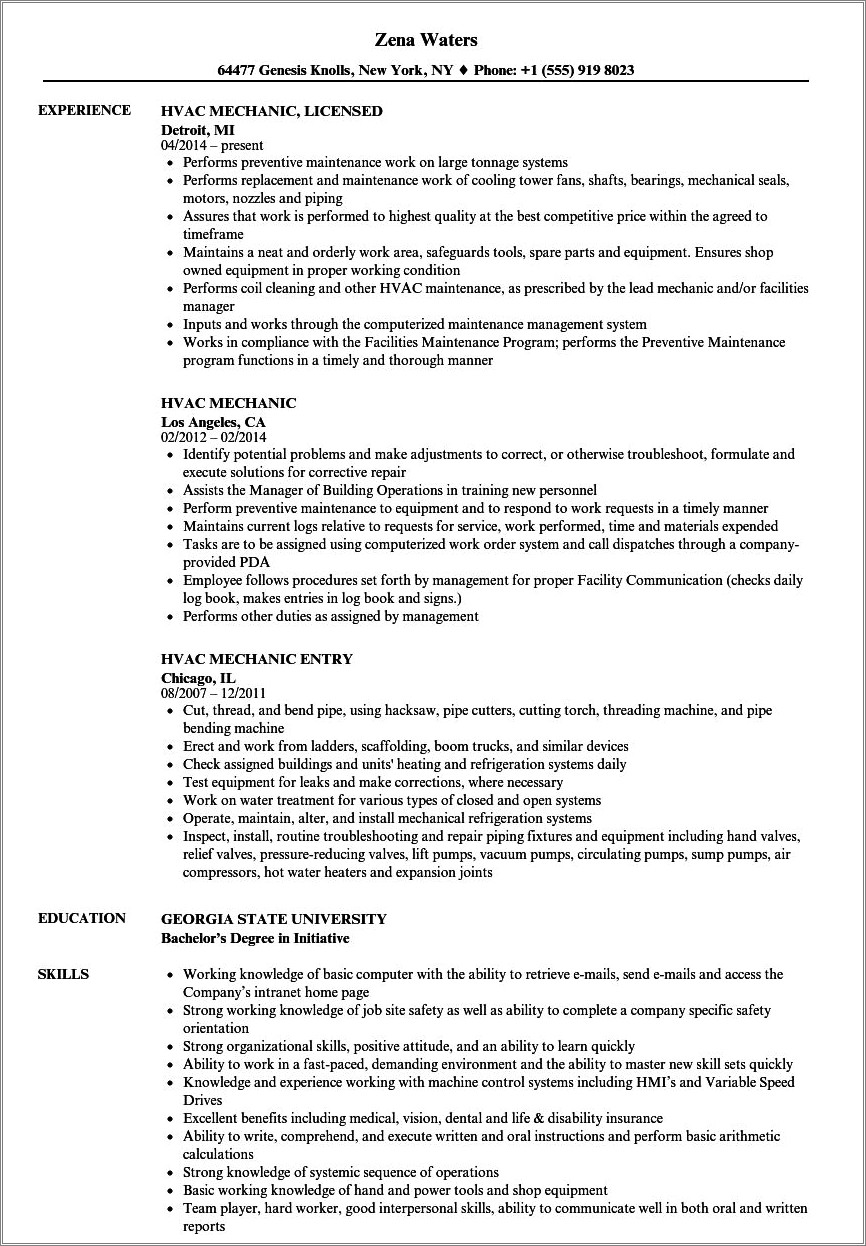 Hiting Cooling And Refregirates Skill Resume