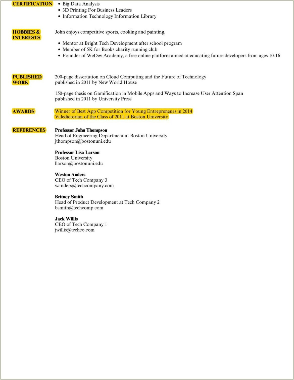 Hobbies And Interests Examples For Resume