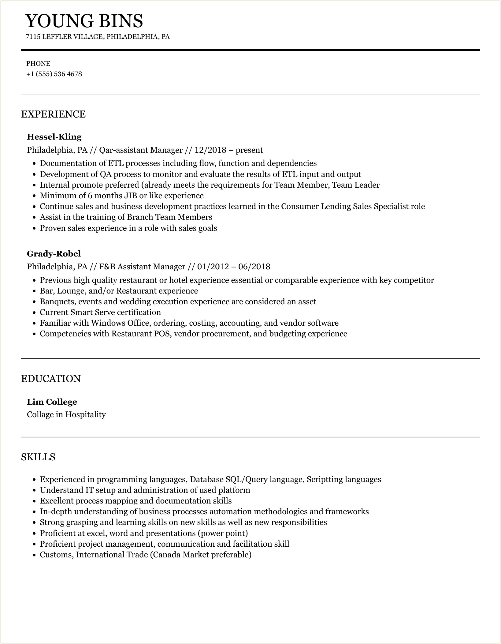 Holiday Inn Express Assistant Manager Resume