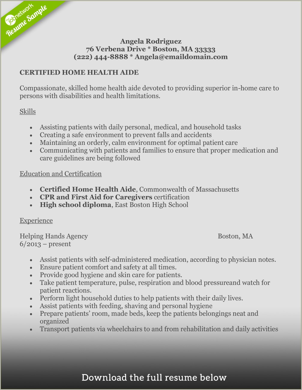 Home Care Job Description Resume Sample