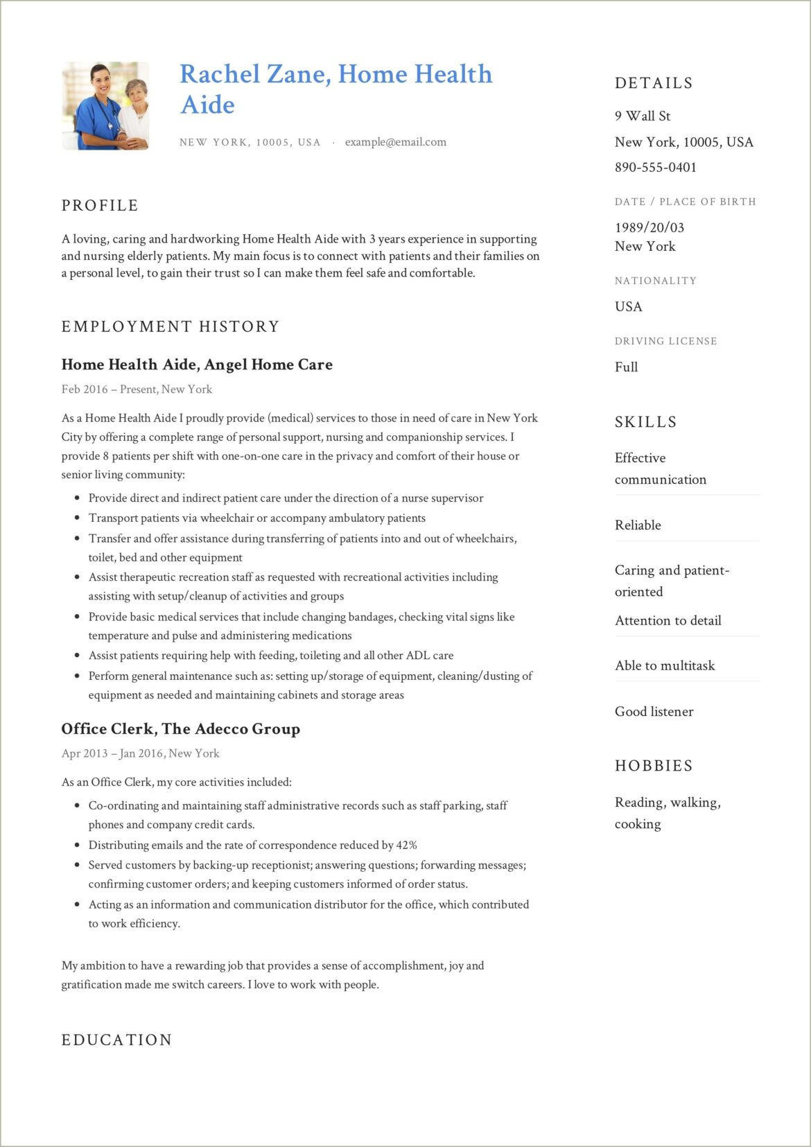 Home Health Aide Duties Resume Sample