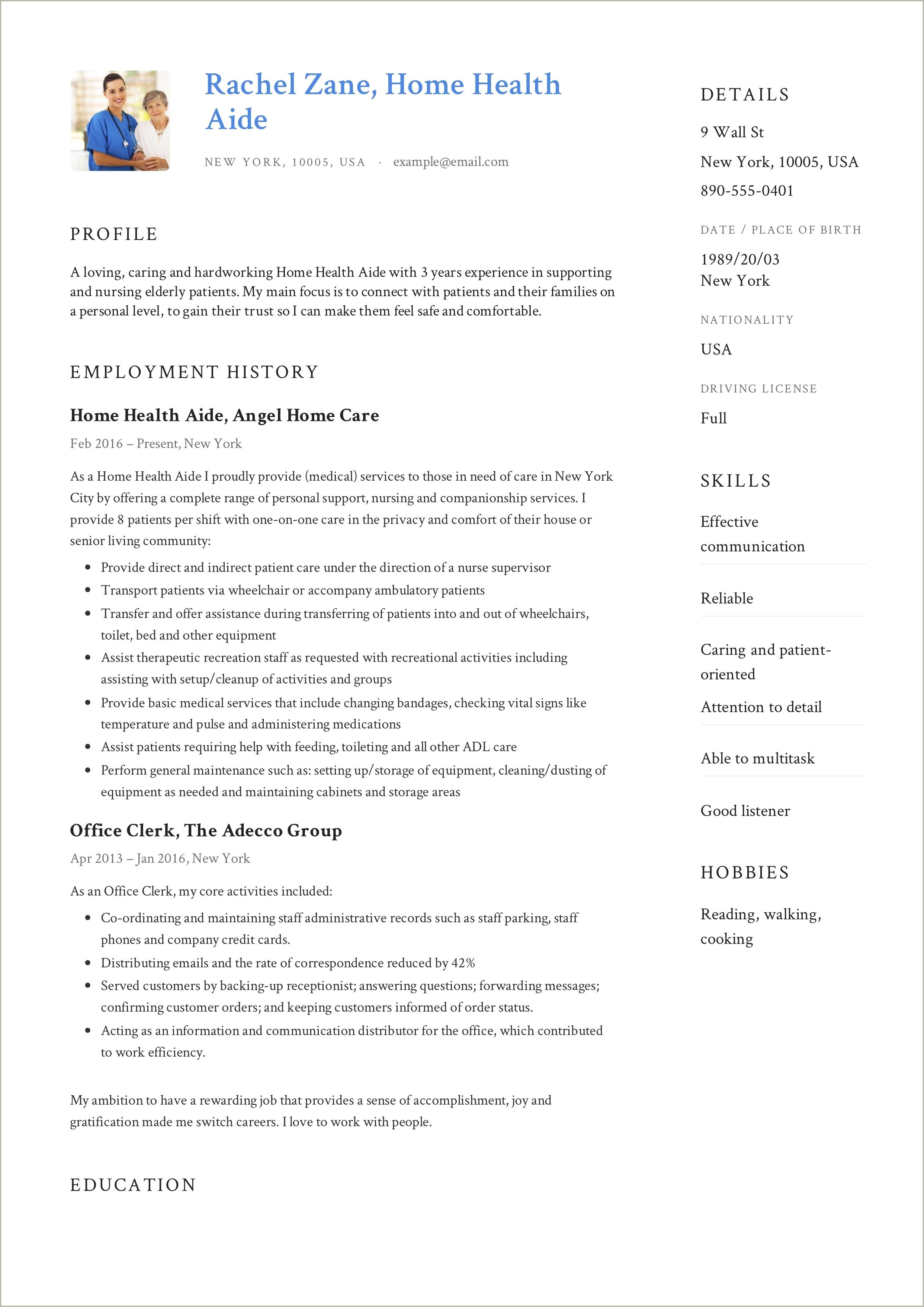 Home Health Aide Duties Resume Sample