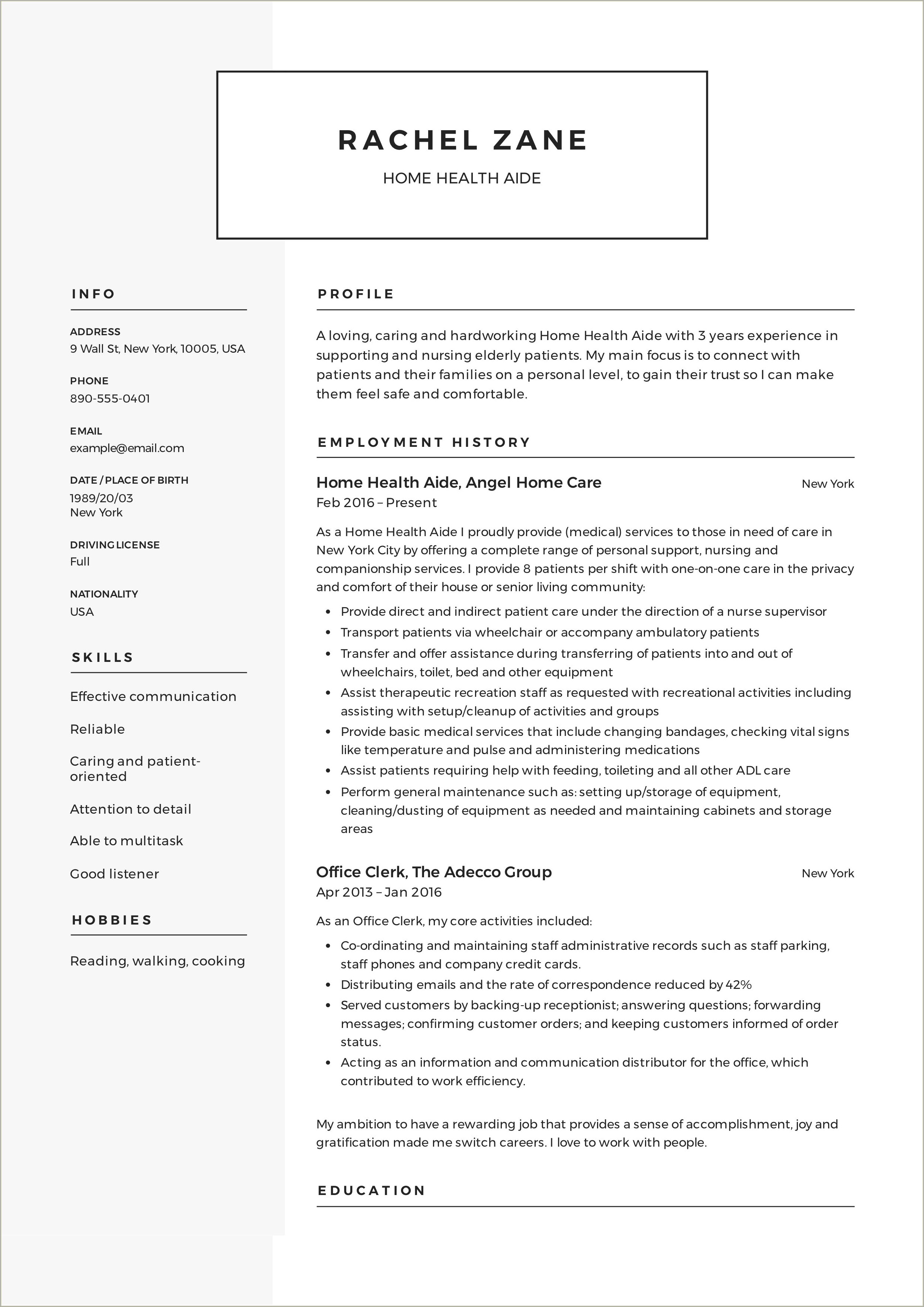 Home Health Aide Objective For Resume