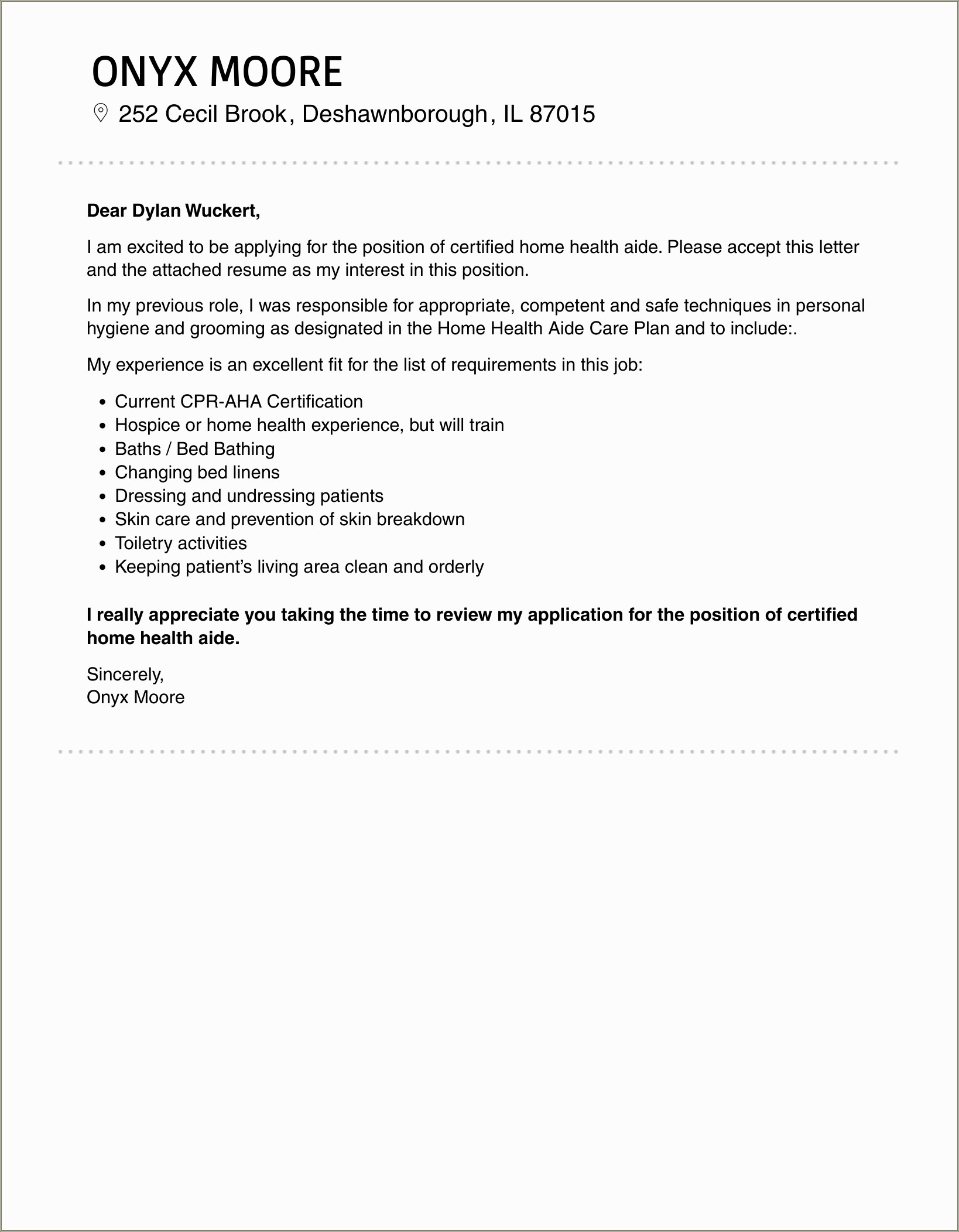 Home Health Aide Resume Cover Letter