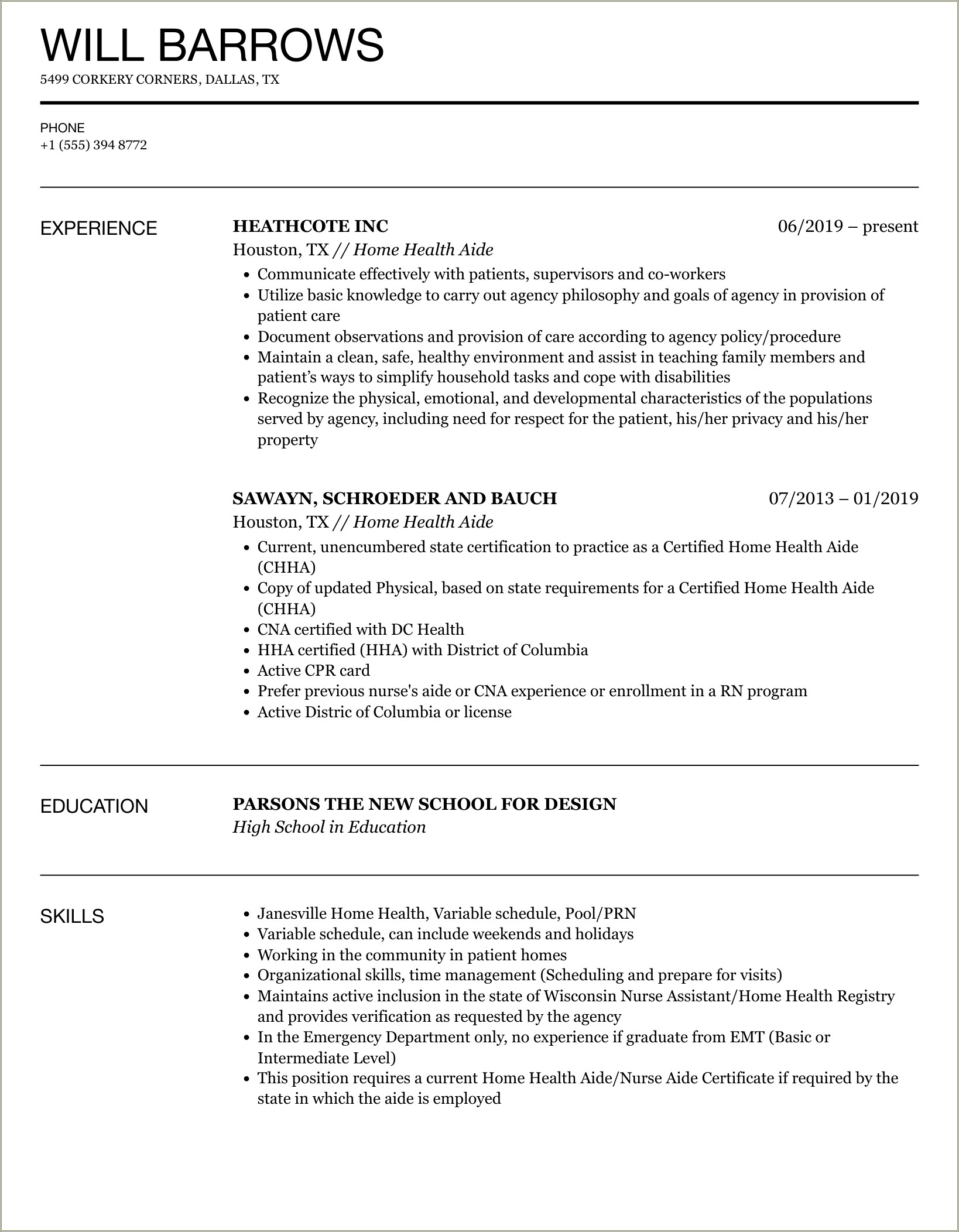 Home Health Aide Resume Job Description