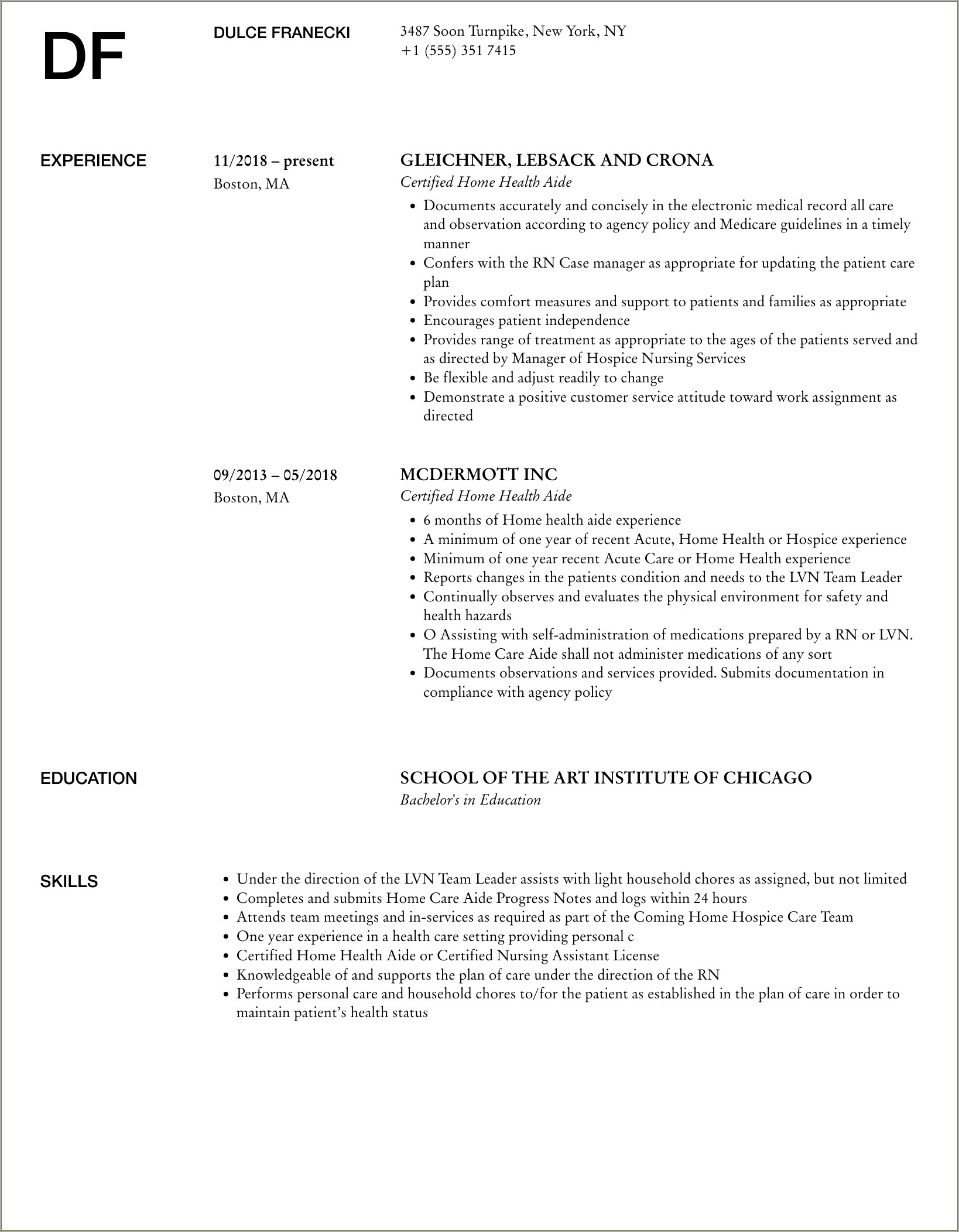 Home Health Aide Resume Skills Examples