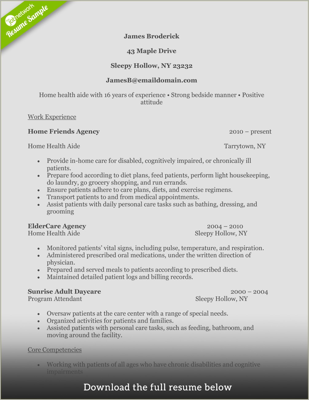 Home Health Aide Resume Summary Sample