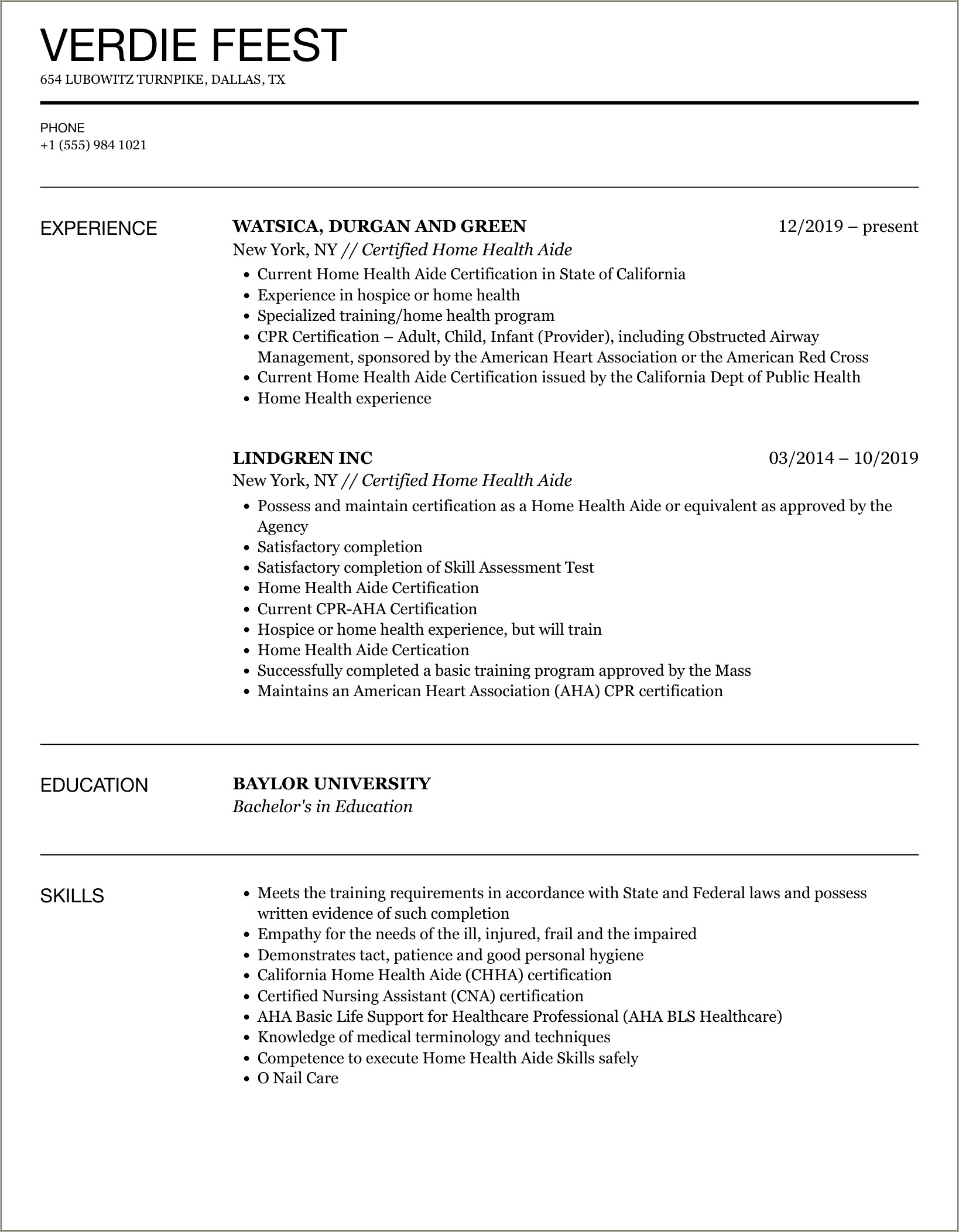 Home Health Care Aide Description Resume
