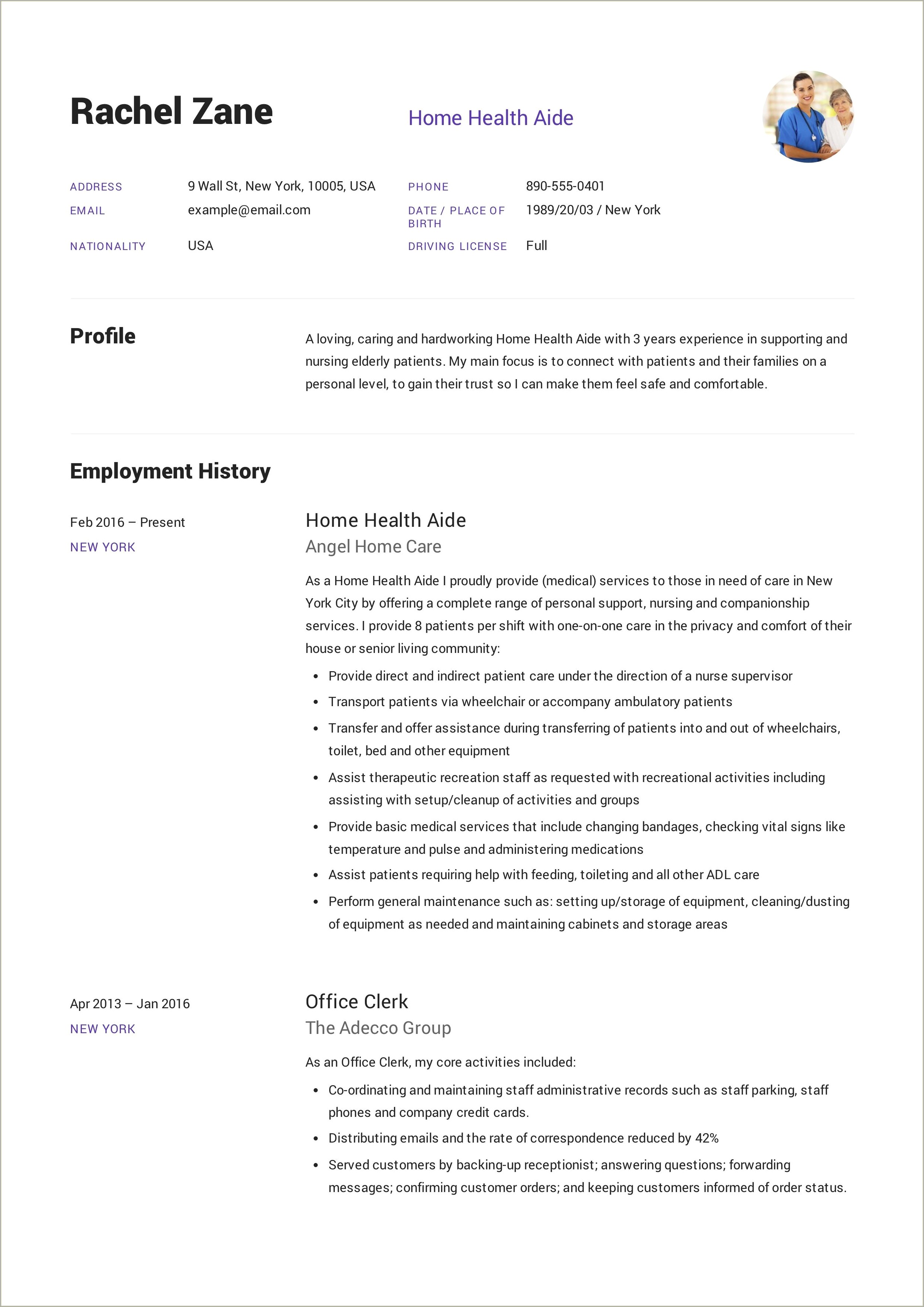 Home Health Care Aide Resume Samples
