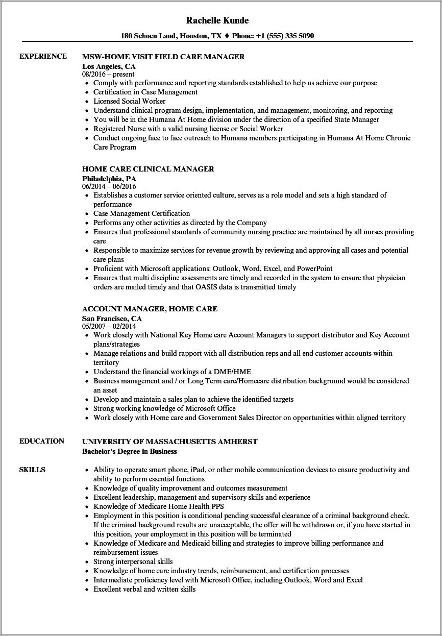 Home Health Care Case Manager Resume
