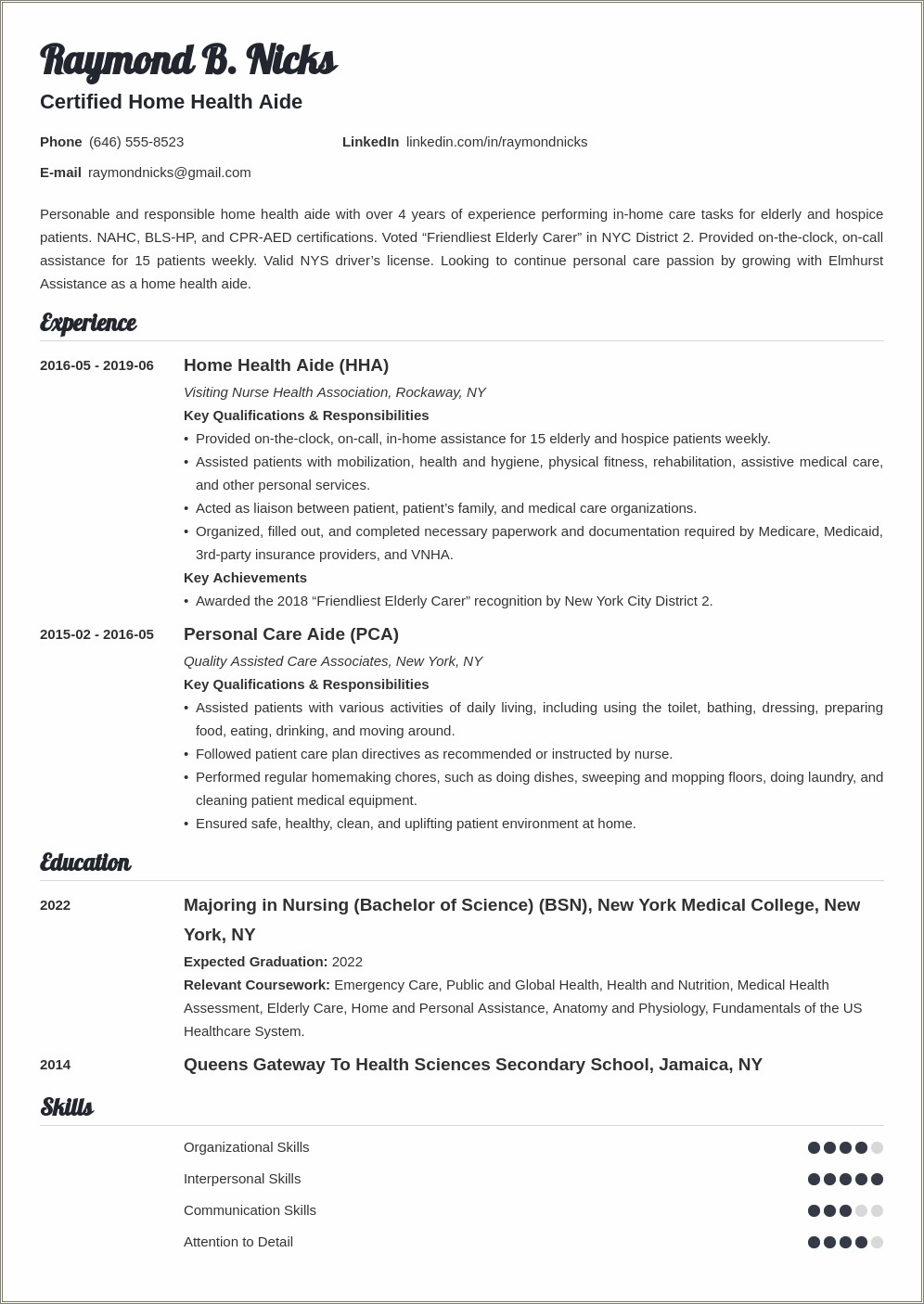 Home Health Care Experience For Resume