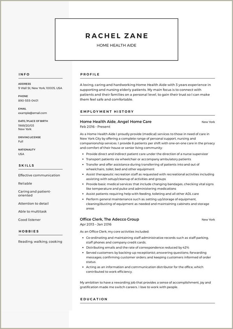 Home Health Care Job Description For Resume