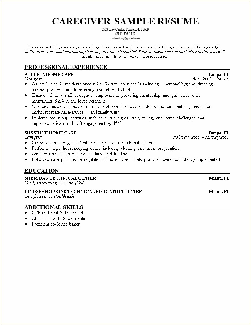 Home Health Care Provider Sample Resume