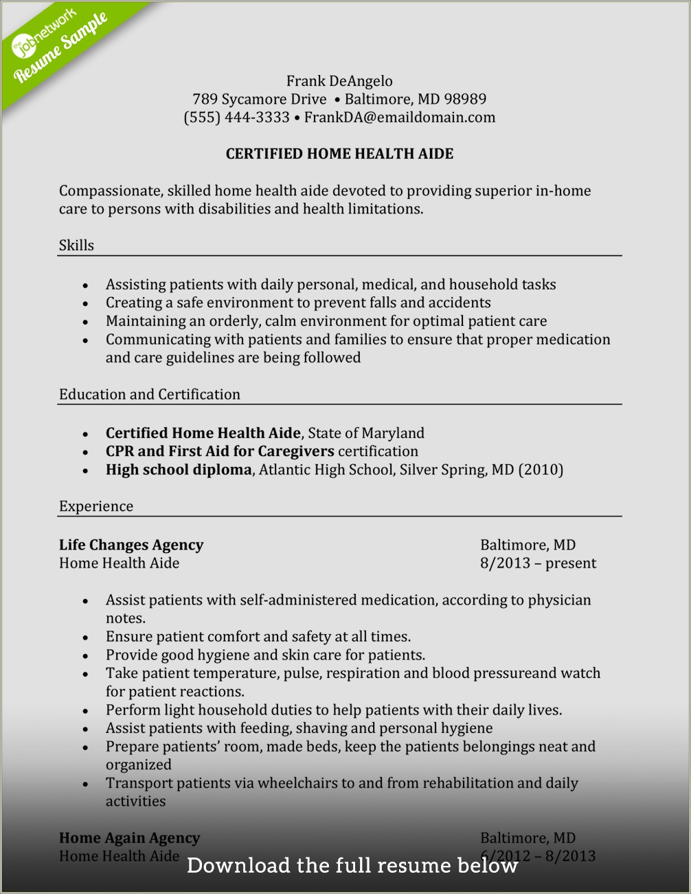Home Health Care Summary For Resume
