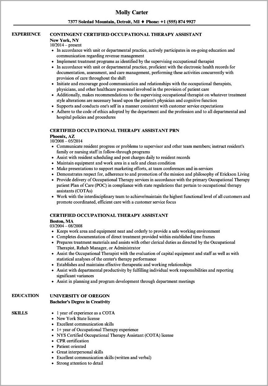 Home Health Occupational Therapy Assistant Resume Examples