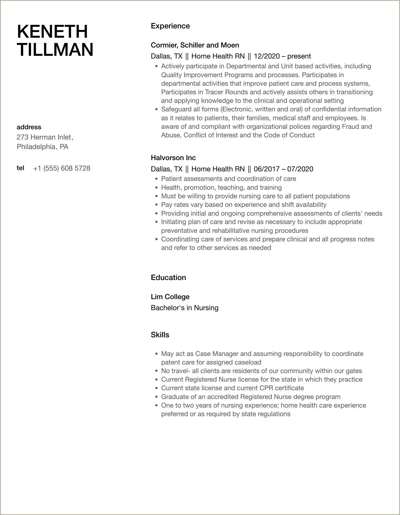 Home Health Rn Job Description For Resume