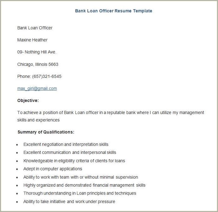 Home Loan Officer Job Description For Resume