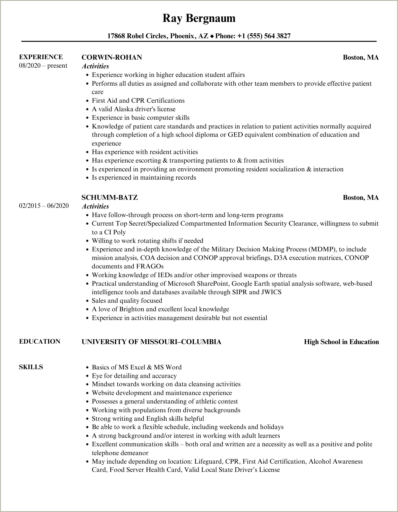 Honors And Activites In Resume Sample