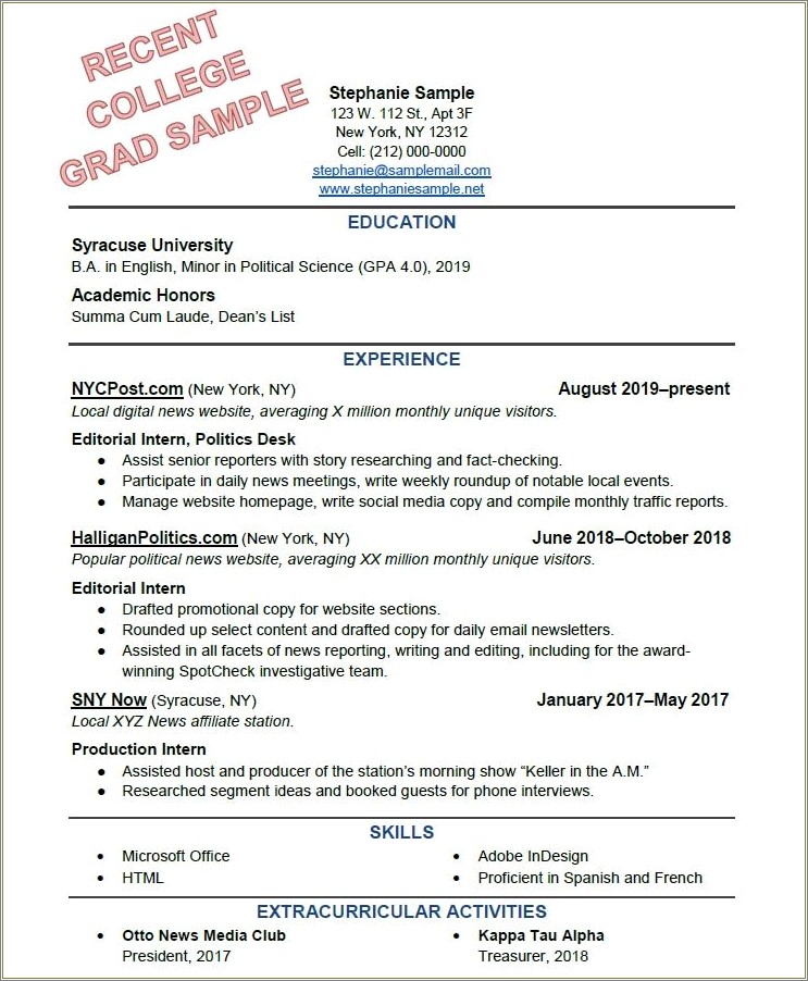 Honors And Activities In Resume Sample