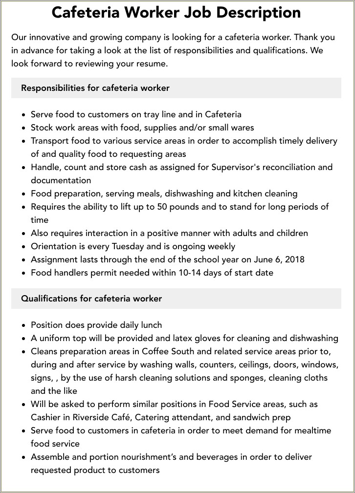 Hospital Cafeteria Worker Job Description For Resume