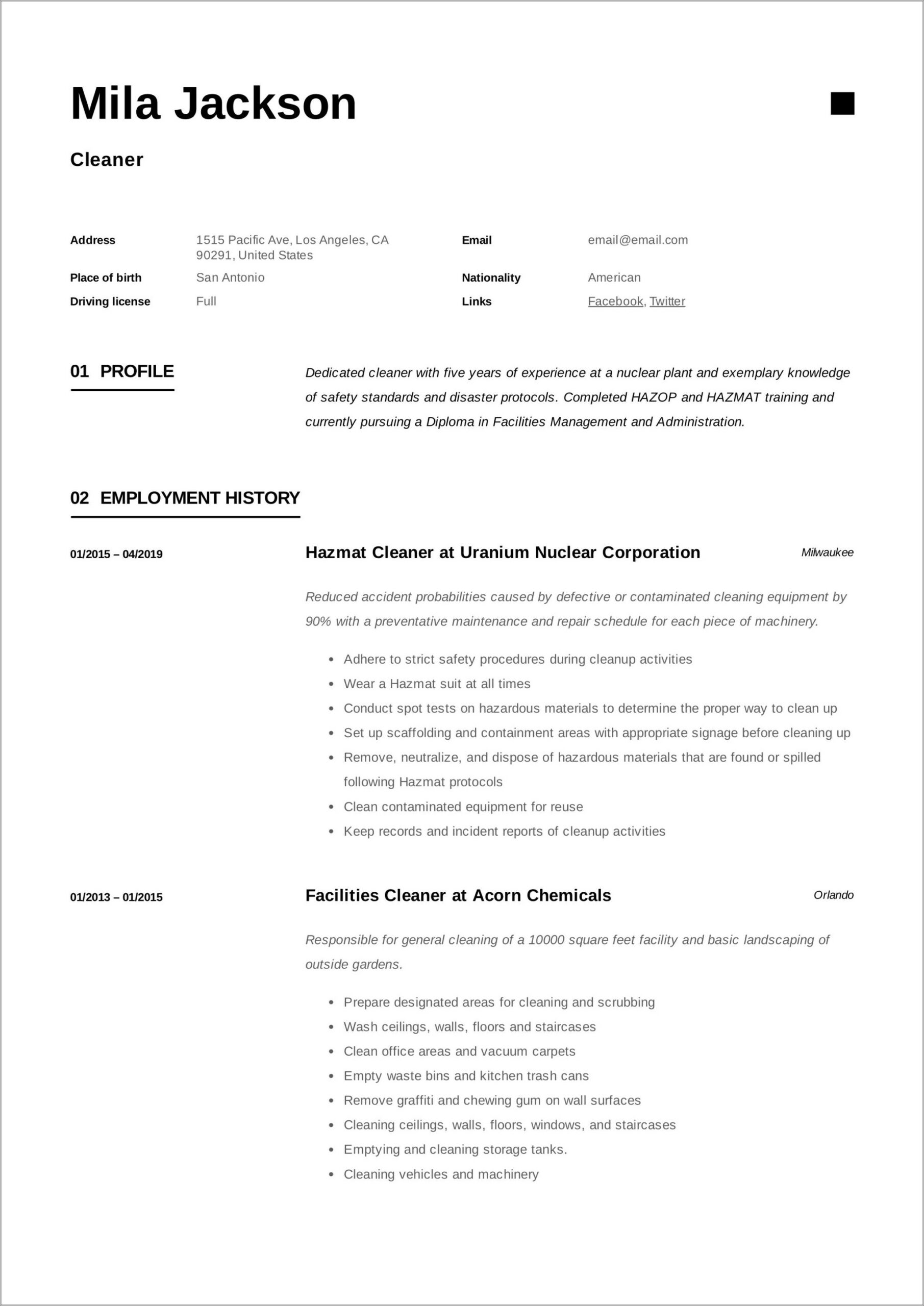 Hospital Cleaning Job Description For Resume