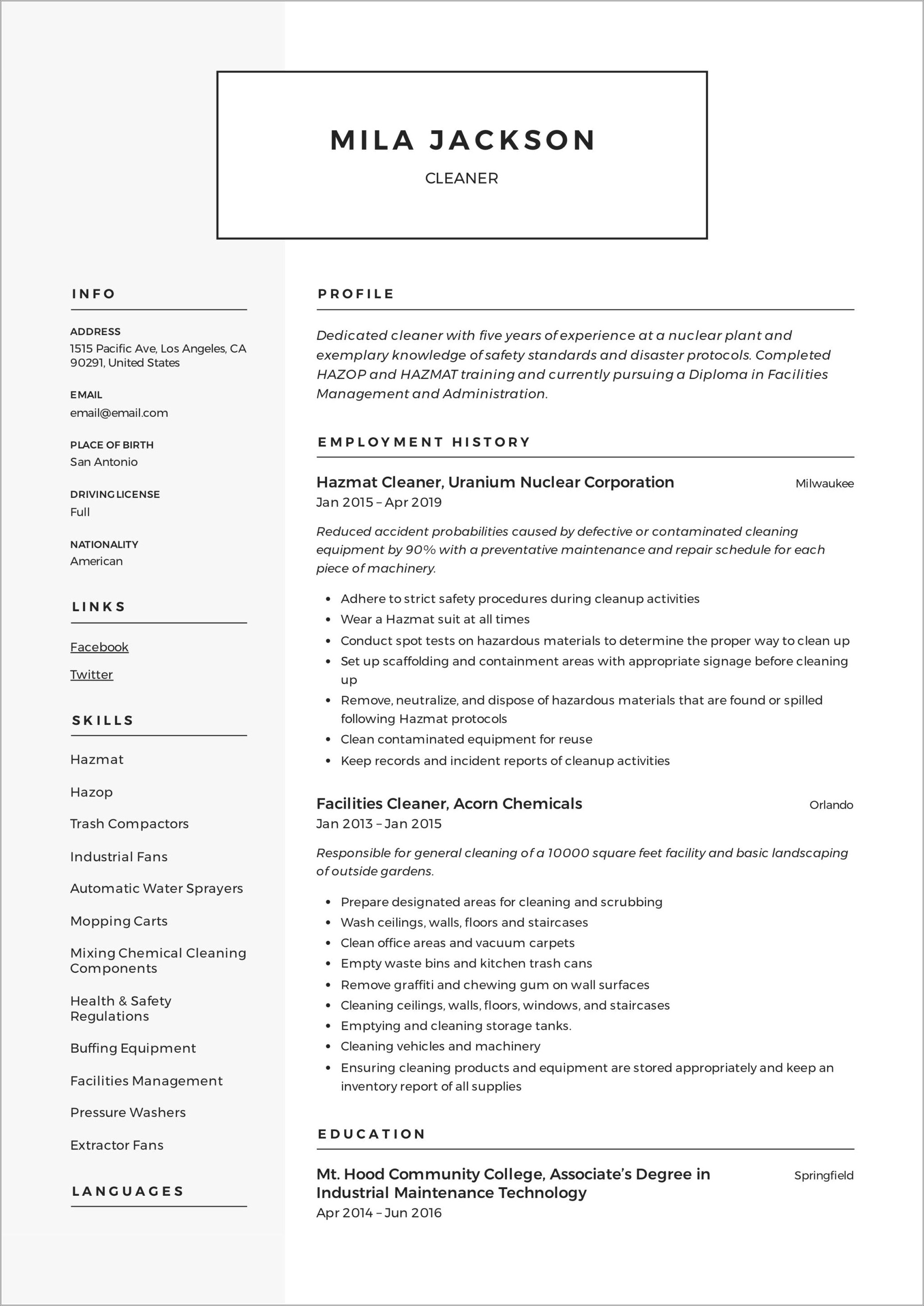 Hospital Cleaning Job Resume Sample Pdf