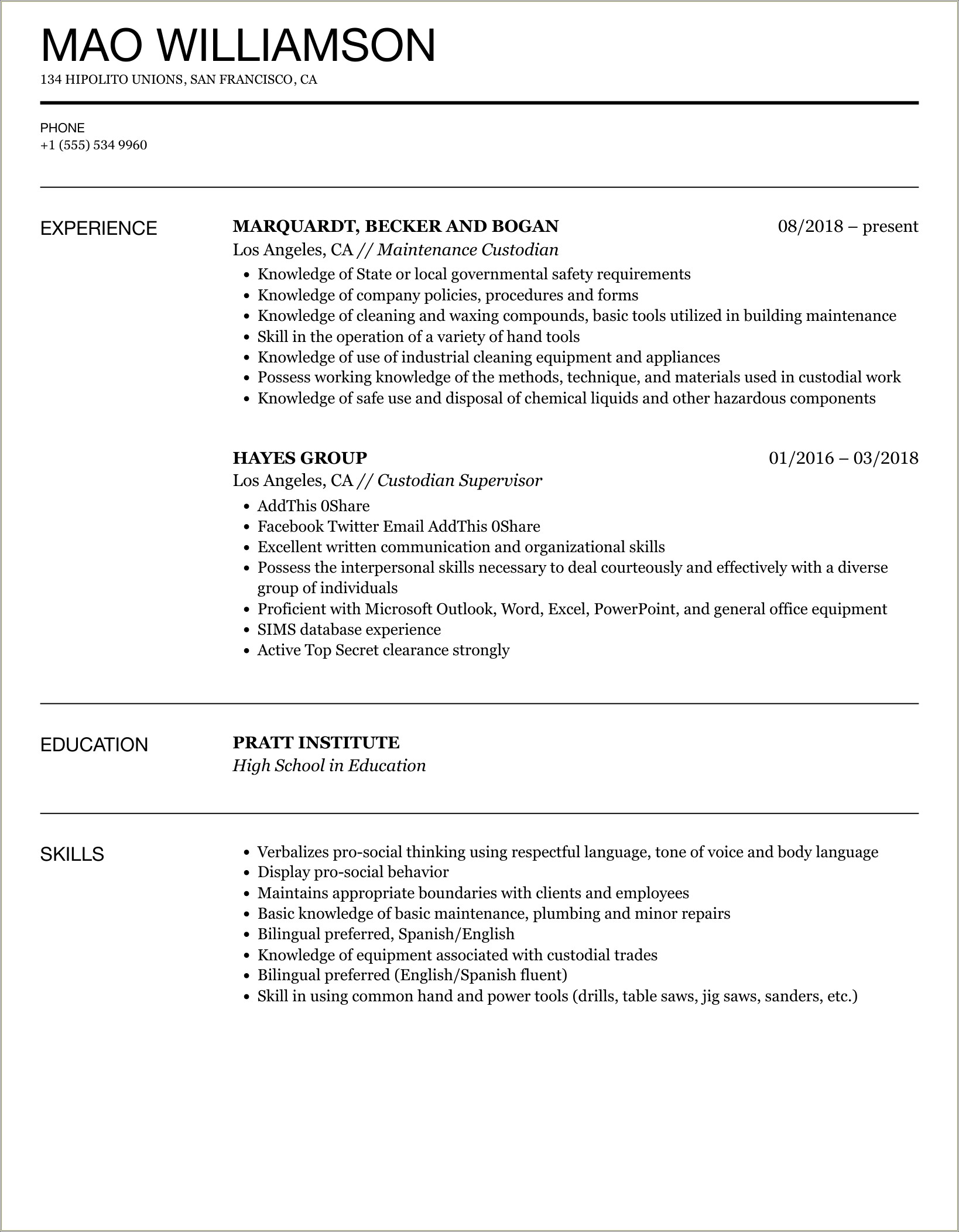Hospital Custodian Job Description For Resume