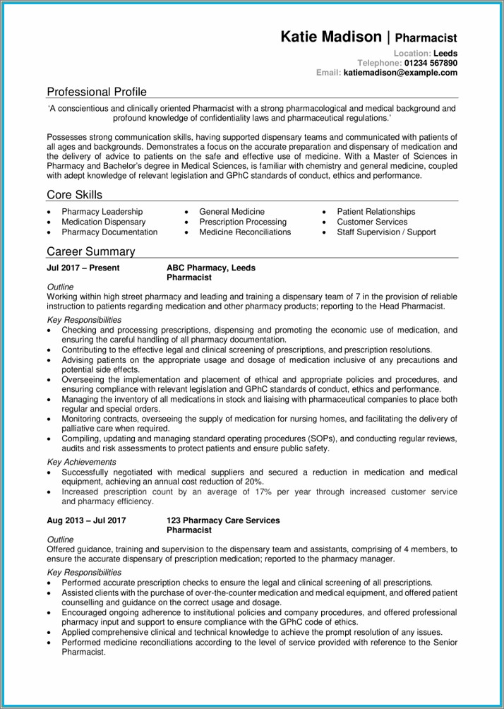 Hospital Pharmacist Job Description For Resume