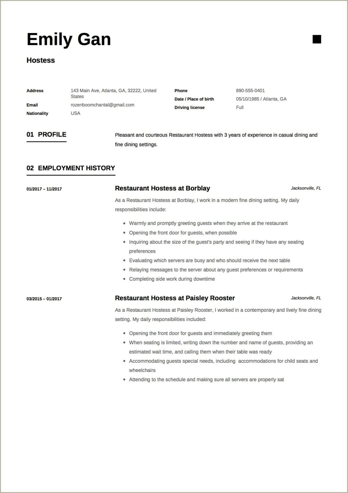 Hostess And Food Runner Trainer Resume Example