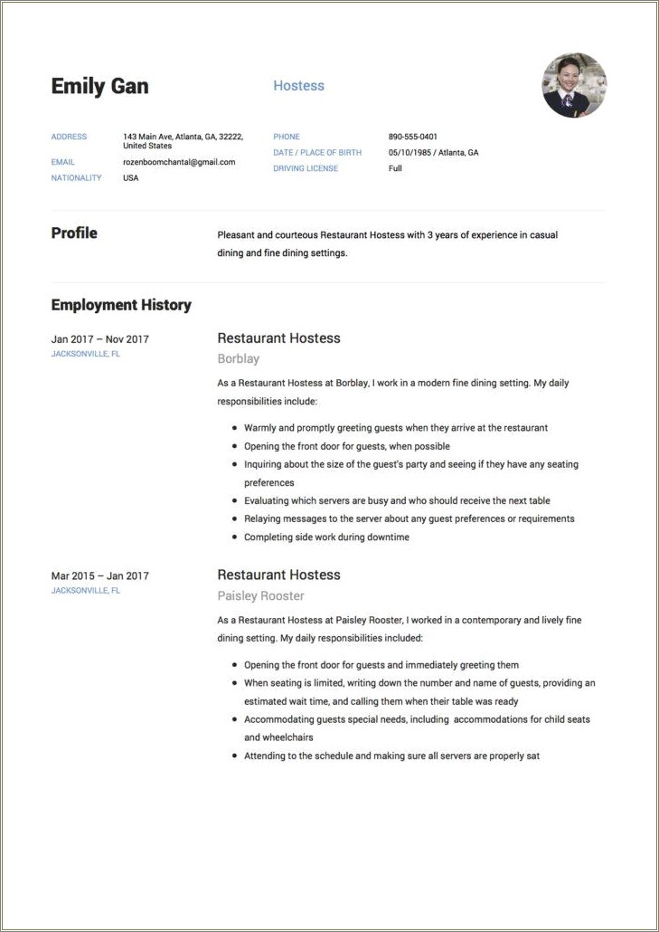 Hostess Skills And Abilities For Resume